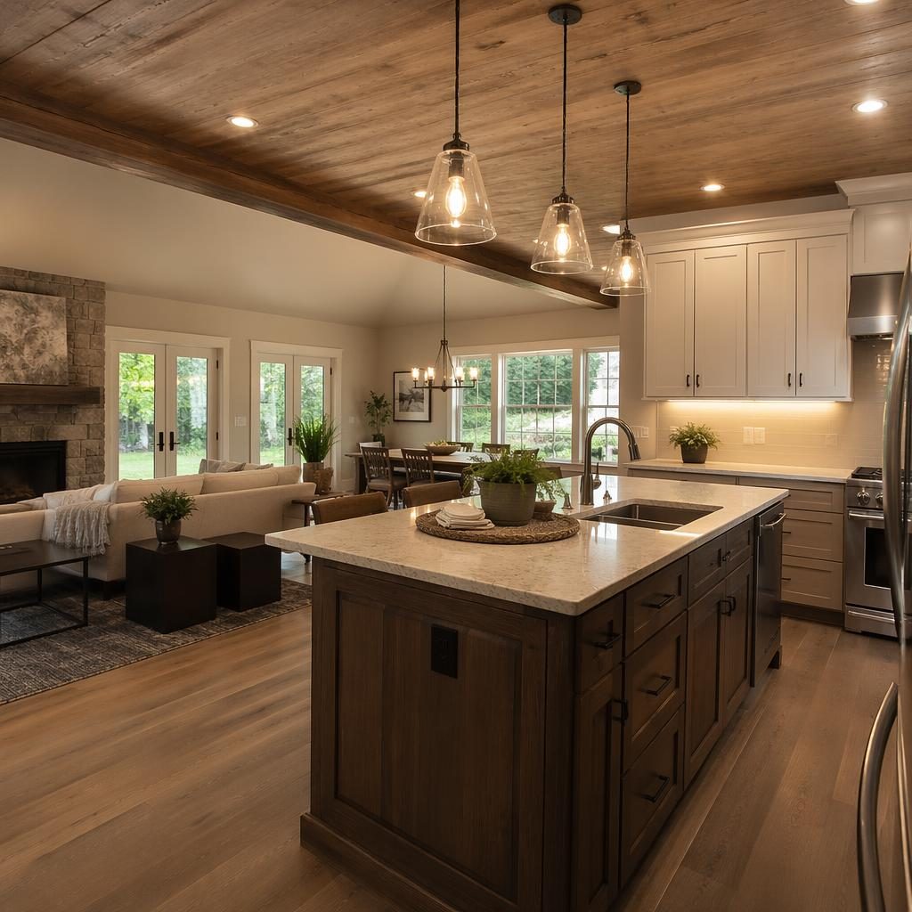 Rear view of a rustic ranch with garden, sunny late-summer morning, wide-angle real estate composition and open kitchen island