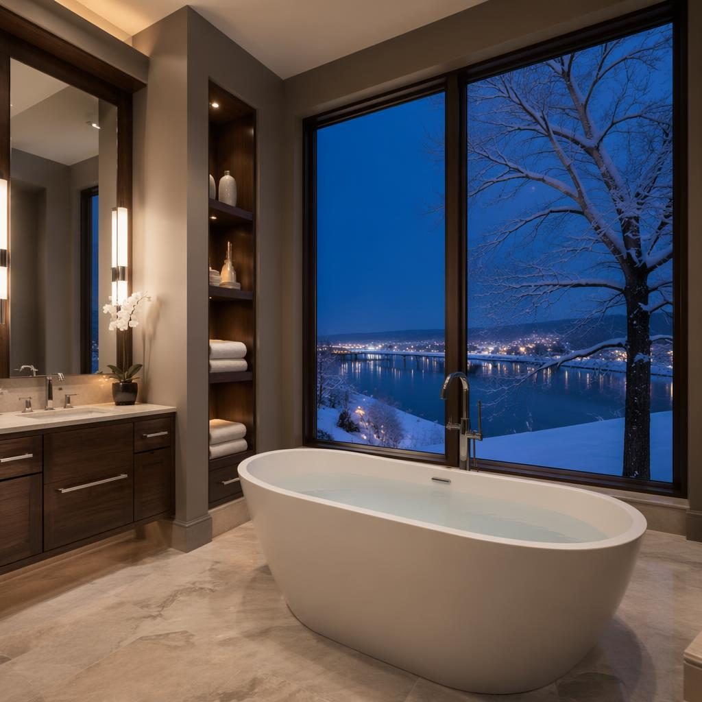 Luxury villa spa bathroom with soaker tub, winter snow visible outside at blue hour, wide-angle real estate framing