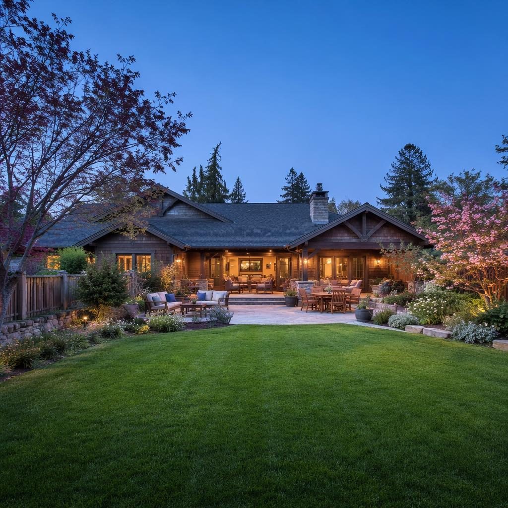 Rückansicht eines Craftsman-Bungalows mit blühendem Frühlingsgarten in der blauen Stunde, weitwinklig fotografiert.