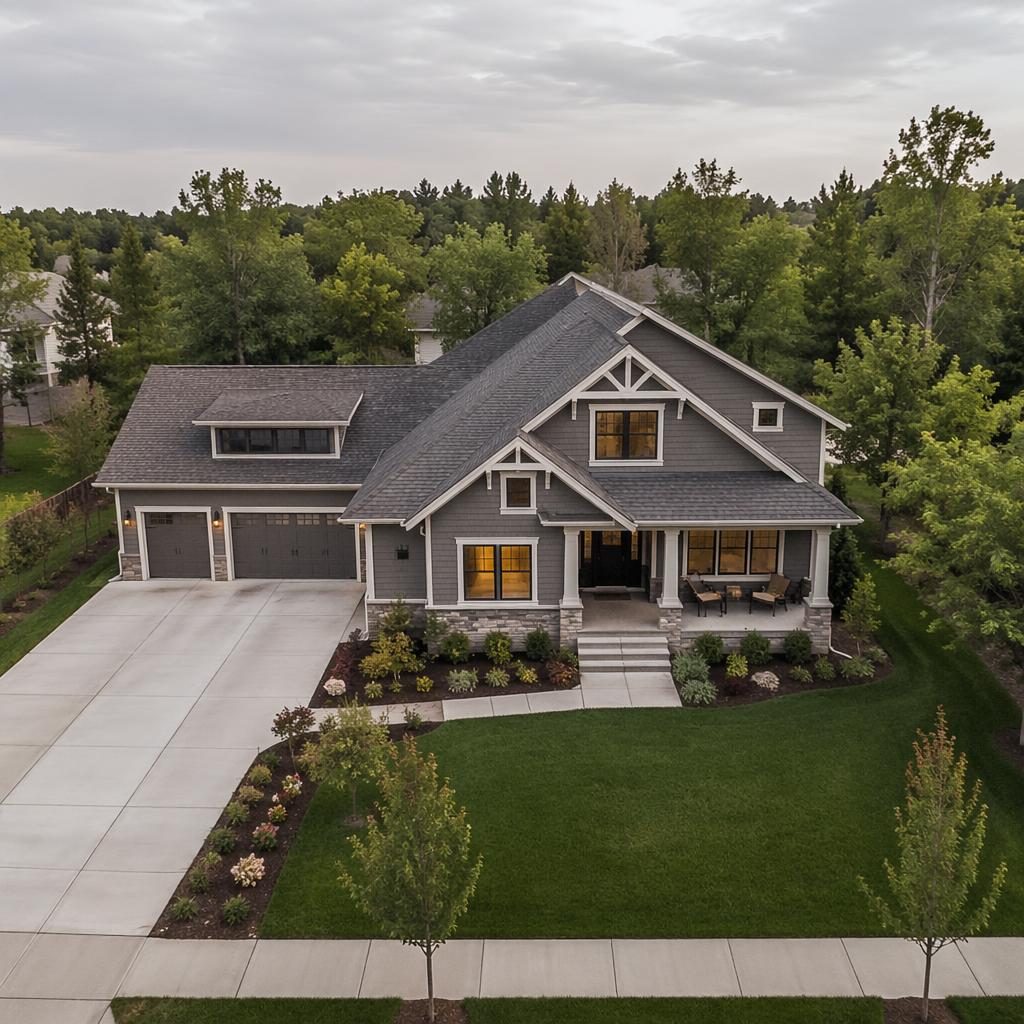 Aerial drone view of a modern craftsman bungalow exterior at morning under soft overcast light, staged and clutter-free.