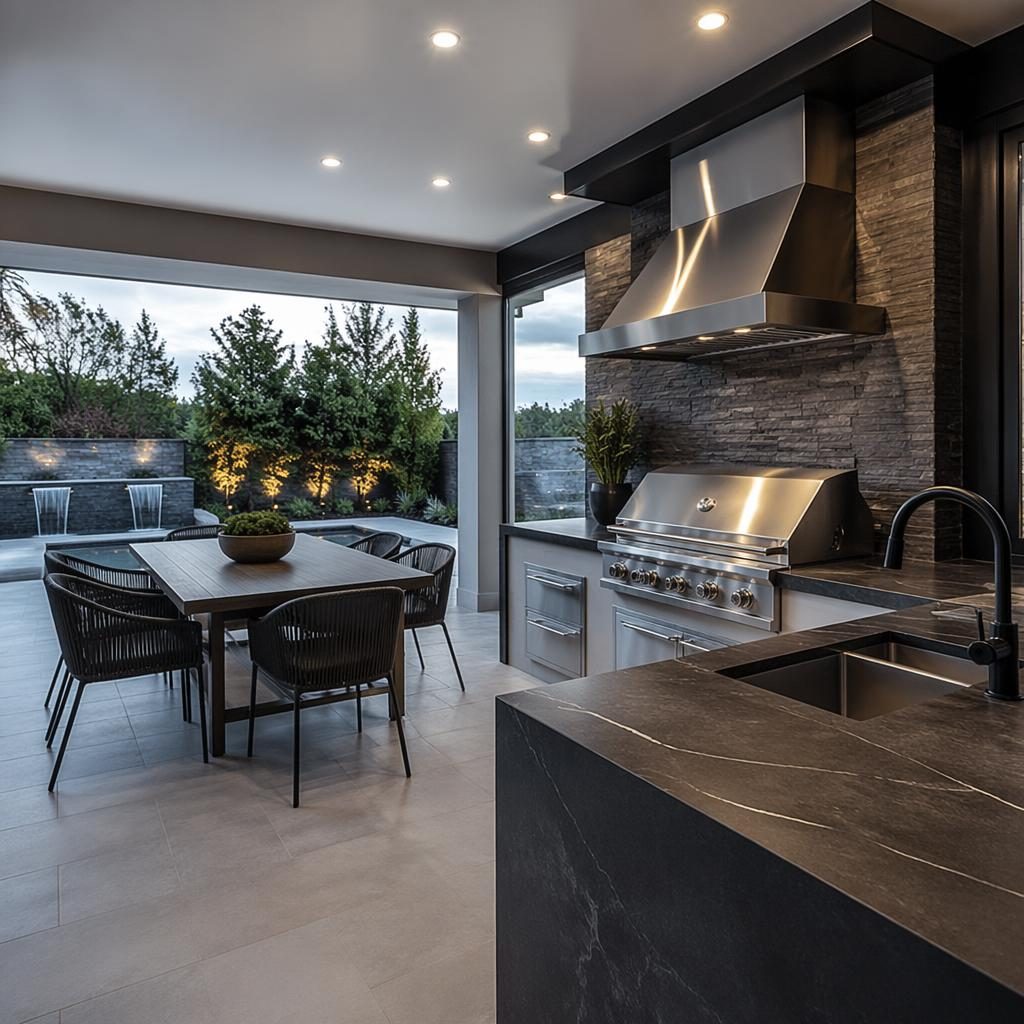 Ático de lujo con patio trasero, cocina exterior y zona de home office, en luz suave nublada y encuadre amplio.
