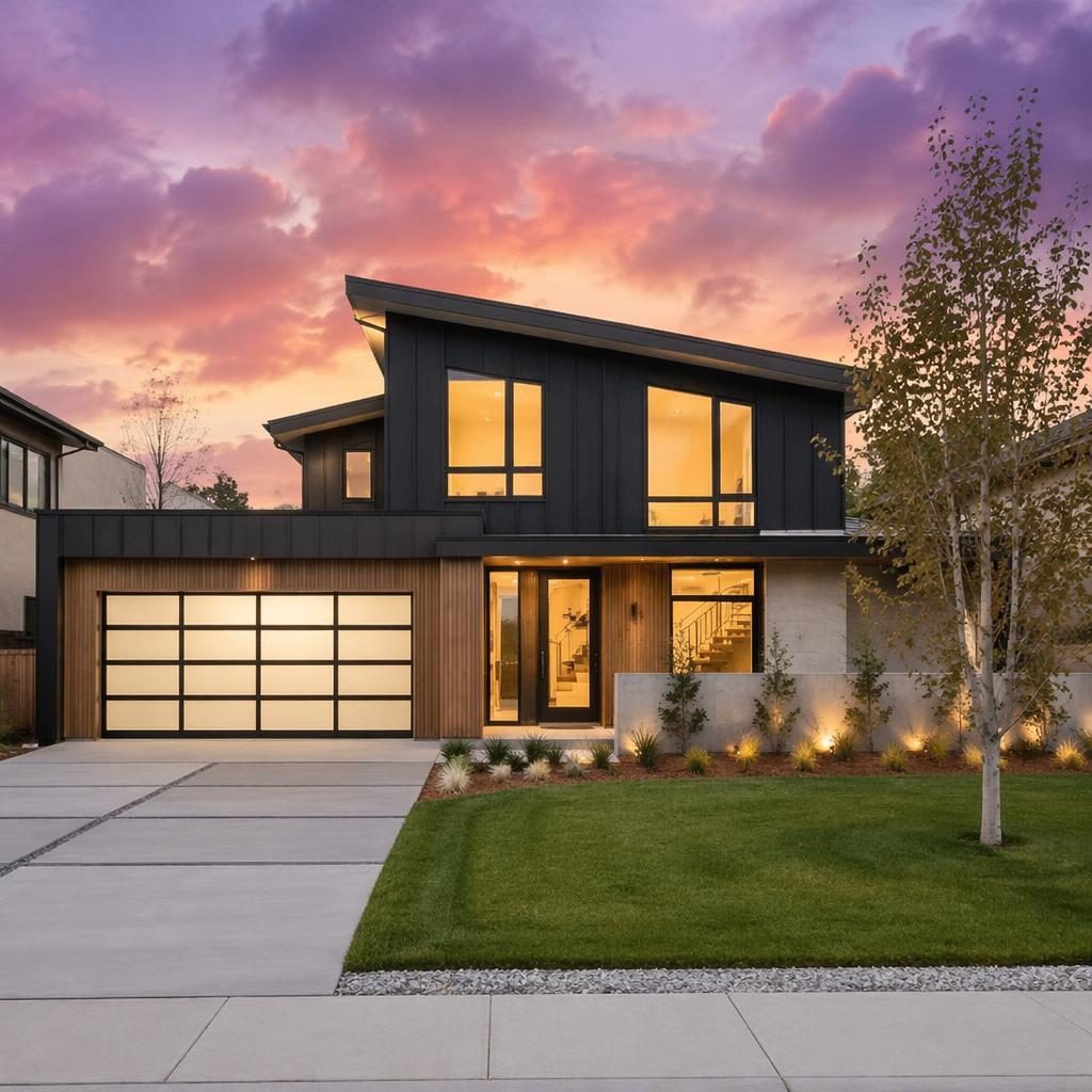 Front facade of a modern detached house at dusk with clean lines, staged exterior, wide-angle real estate framing.