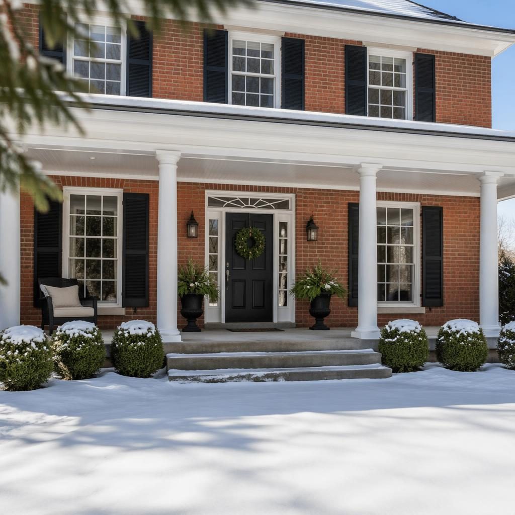Colonial brick farmhouse with front porch, pool and patio in bright winter snow, wide-angle real estate listing photo.