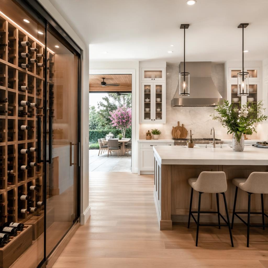 Bright luxury villa kitchen with custom wine cellar rack, wide-angle real estate listing photo, staged and clutter-free.