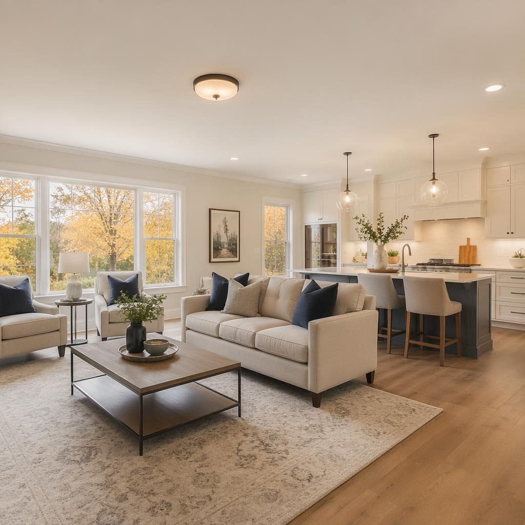 Wide-angle view of a traditional family home living room with open-plan kitchen island, autumn tones, and soft overcast light.