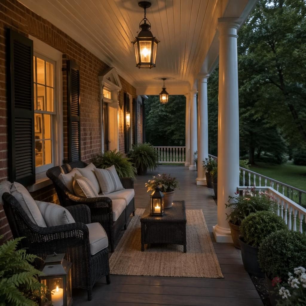 Colonial brick house front porch at dusk with warm interior glow, airy staging, wide-angle real estate framing