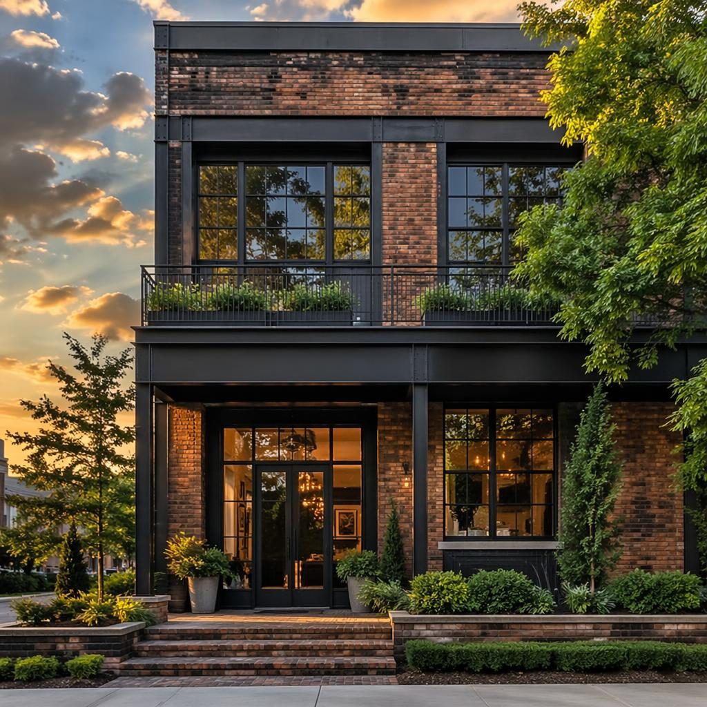 Front facade of an industrial loft at golden hour, wide-angle exterior with clean staging and sharp realistic detail.