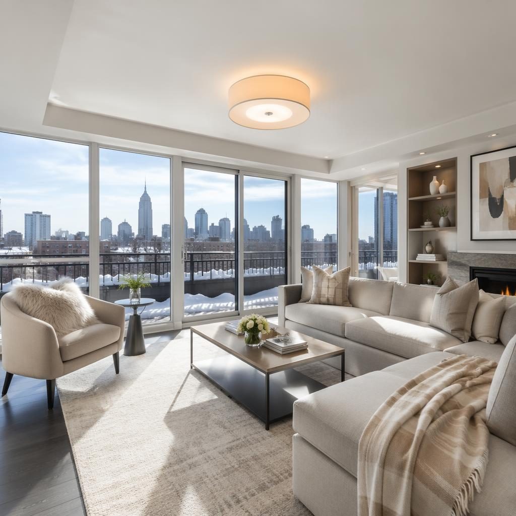 Bright winter midday view of a staged penthouse rooftop terrace with skyline, wide-angle real estate listing photo.