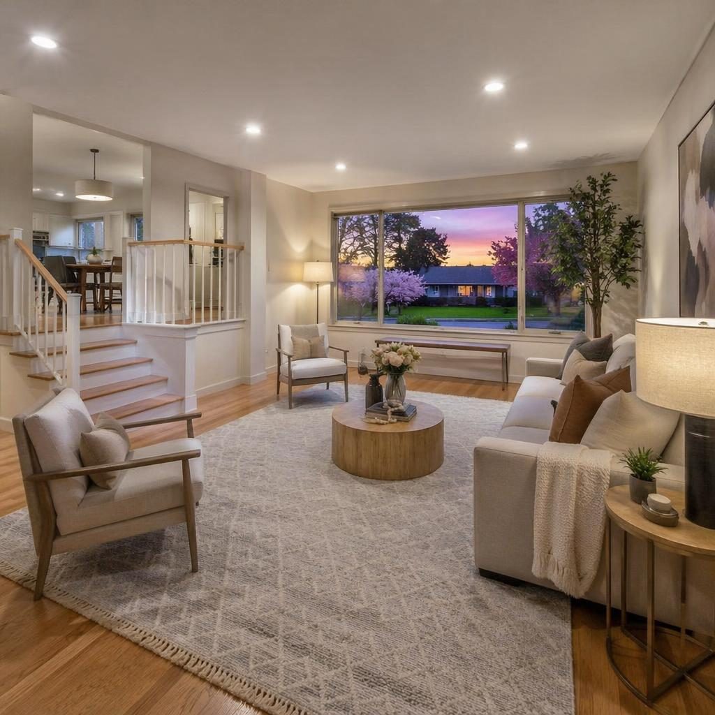 Dusk-lit living room inside a staged split-level mid-century family home with airy spring ambiance and wide-angle view.