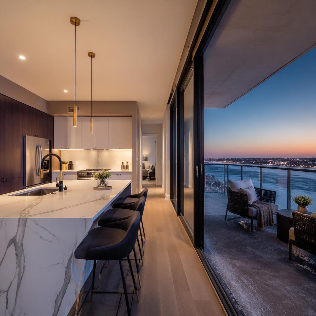 Luxury villa kitchen at dusk with winter snow outside and a condo high-rise balcony view, wide-angle real estate framing.