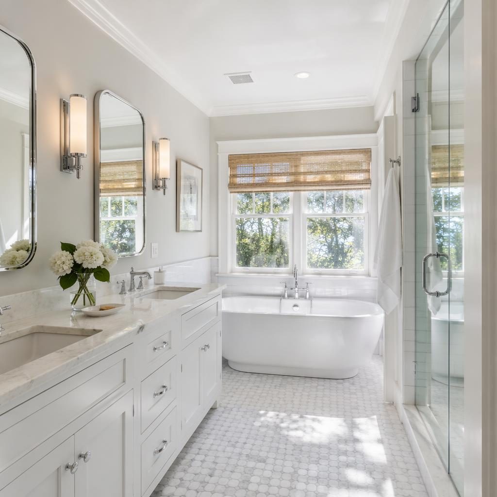 Bright beach house bathroom in late-summer midday light, wide-angle real estate listing style with clean staging.