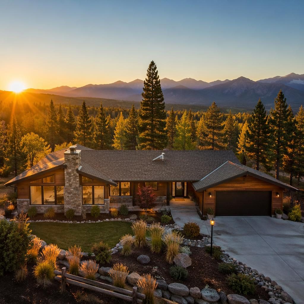 Bright midday view of a staged mountain cabin master bedroom with wide-angle framing, sharp focus, and late-summer light.