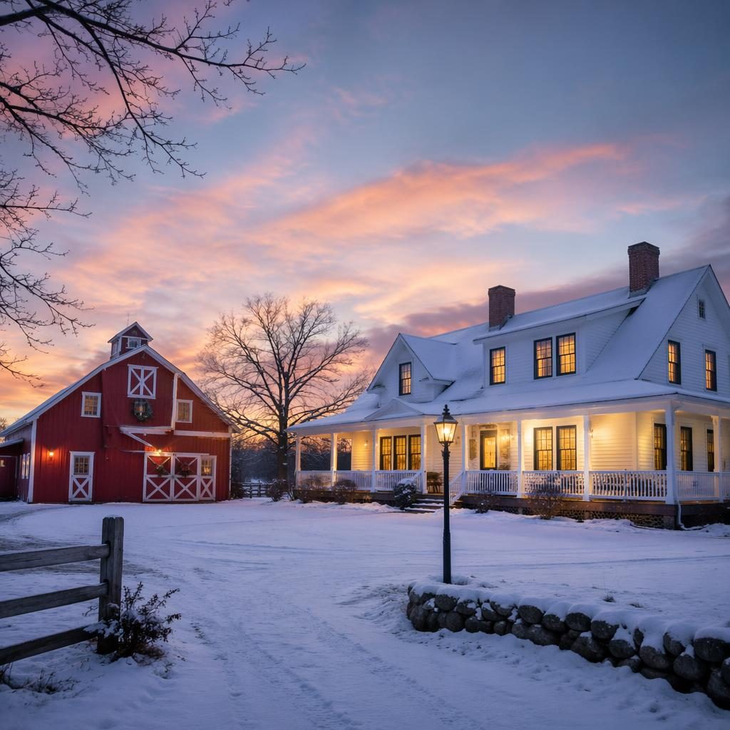 Front facade of a snow-covered farmhouse with a red barn at dawn, wide-angle real estate style, sharp focus.