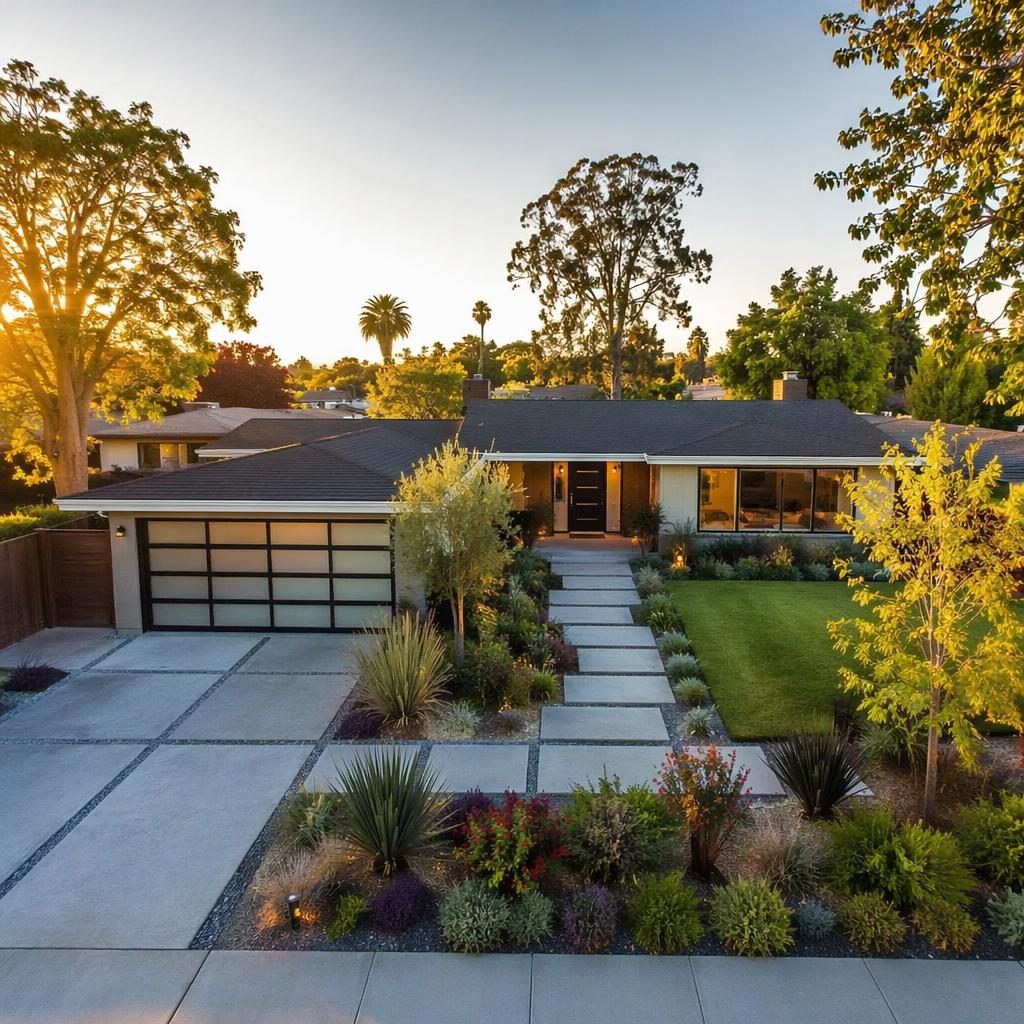 Photoreal mid-century ranch exterior at golden hour with clean landscaping, wide-angle real estate listing composition
