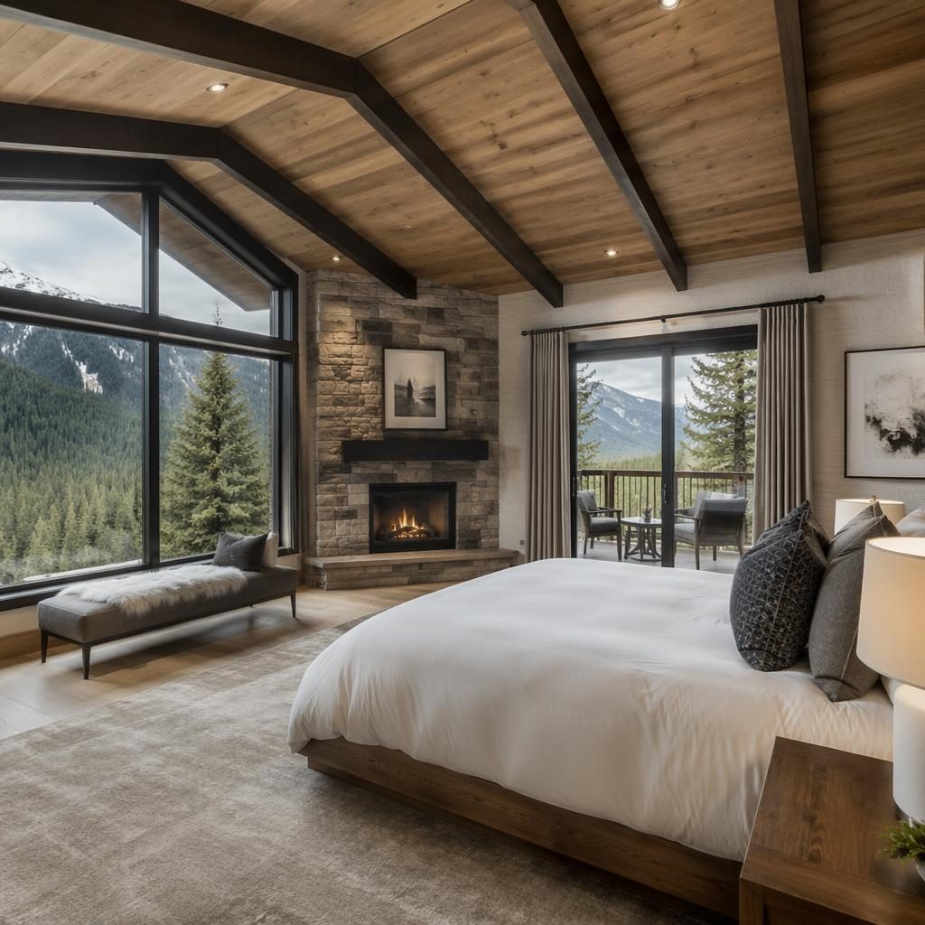 Wide-angle view of a staged luxury mountain cabin master bedroom with soft overcast light and mid-century design details