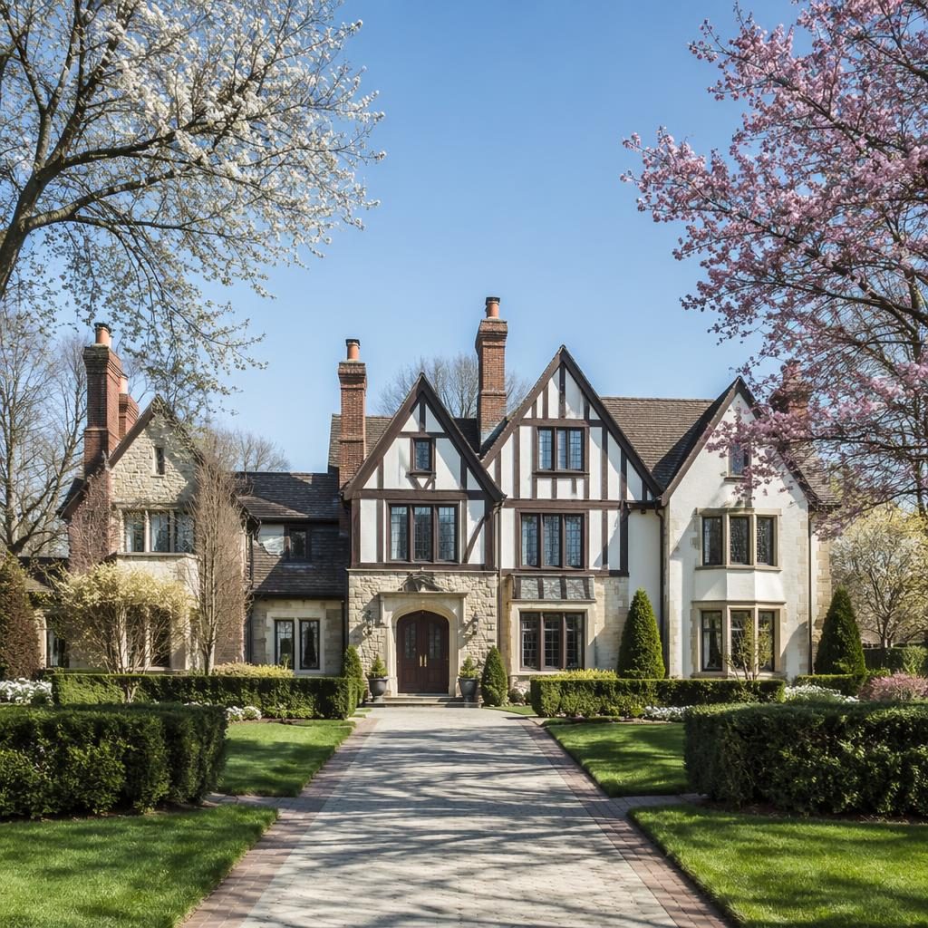 Front facade of a Tudor Revival mansion with industrial-loft styling, spring blooms, bright midday light, wide-angle view
