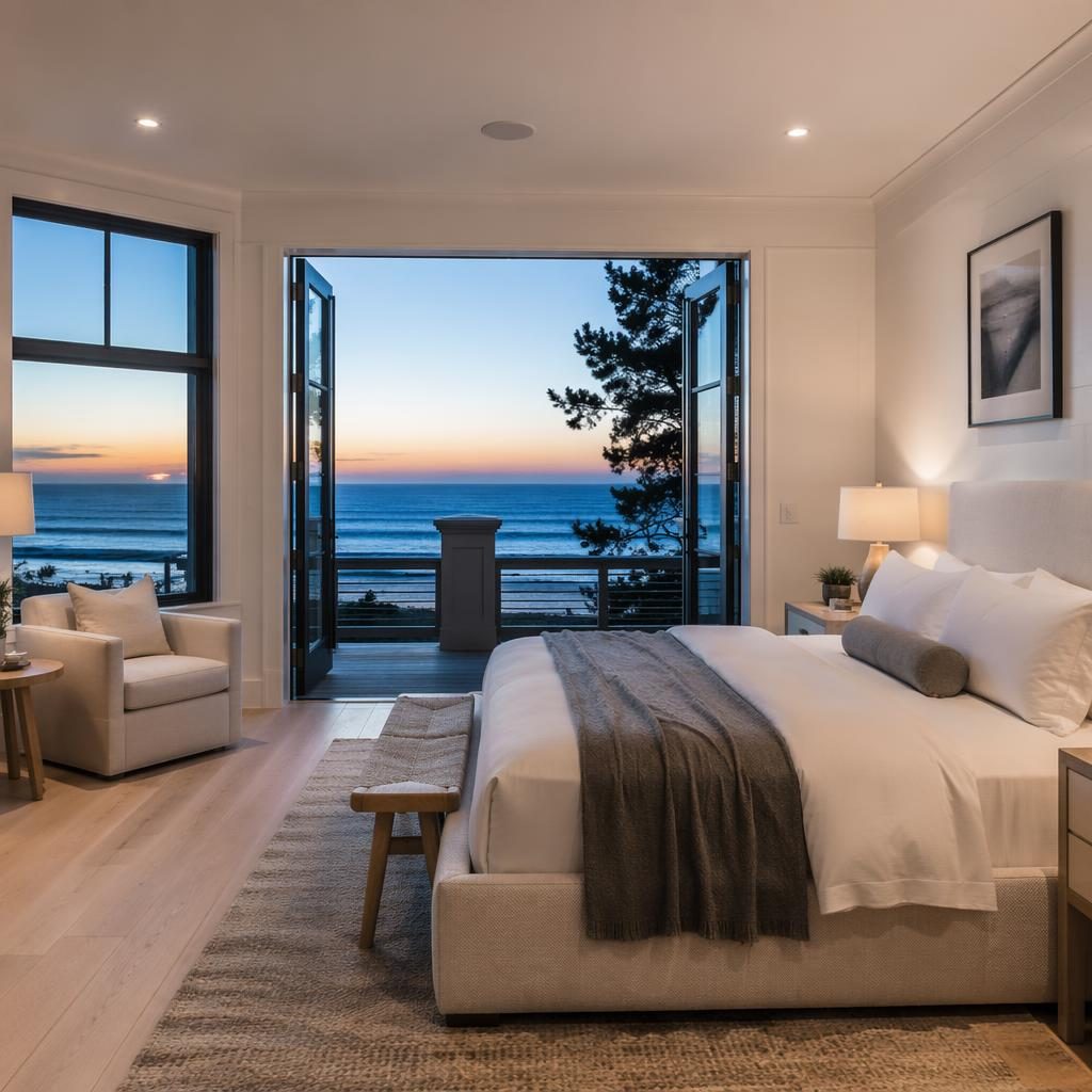 Wide-angle beach house bathroom at blue hour with sharp editorial styling, clean staging, and summer twilight ambiance.
