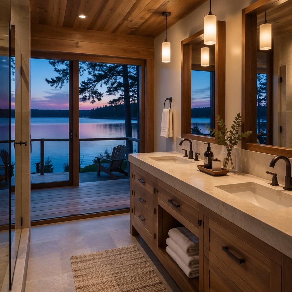 Beach house bathroom at blue hour with wide-angle editorial styling, sharp focus, clean staging, and twilight view