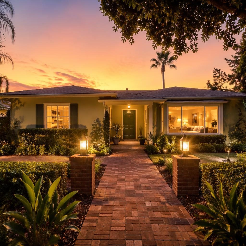 Wide-angle view from a restored mid-century ranch interior to a snowy garden at dusk, warmly lit and neatly staged.