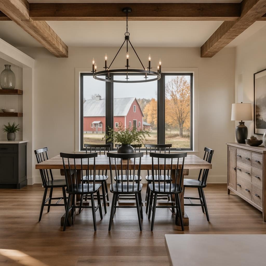 Wide-angle view of a staged urban apartment dining area with soft overcast light and autumn tones, sharp and clutter-free.