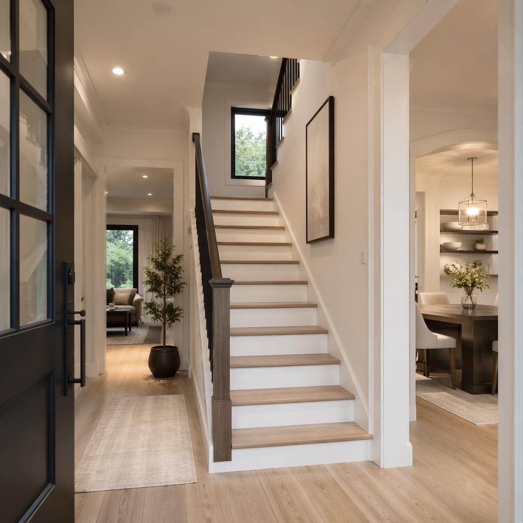 Außenansicht eines modernen Townhouses bei Dämmerung mit warm beleuchtetem Innenraum, aufgeräumt und weitwinklig