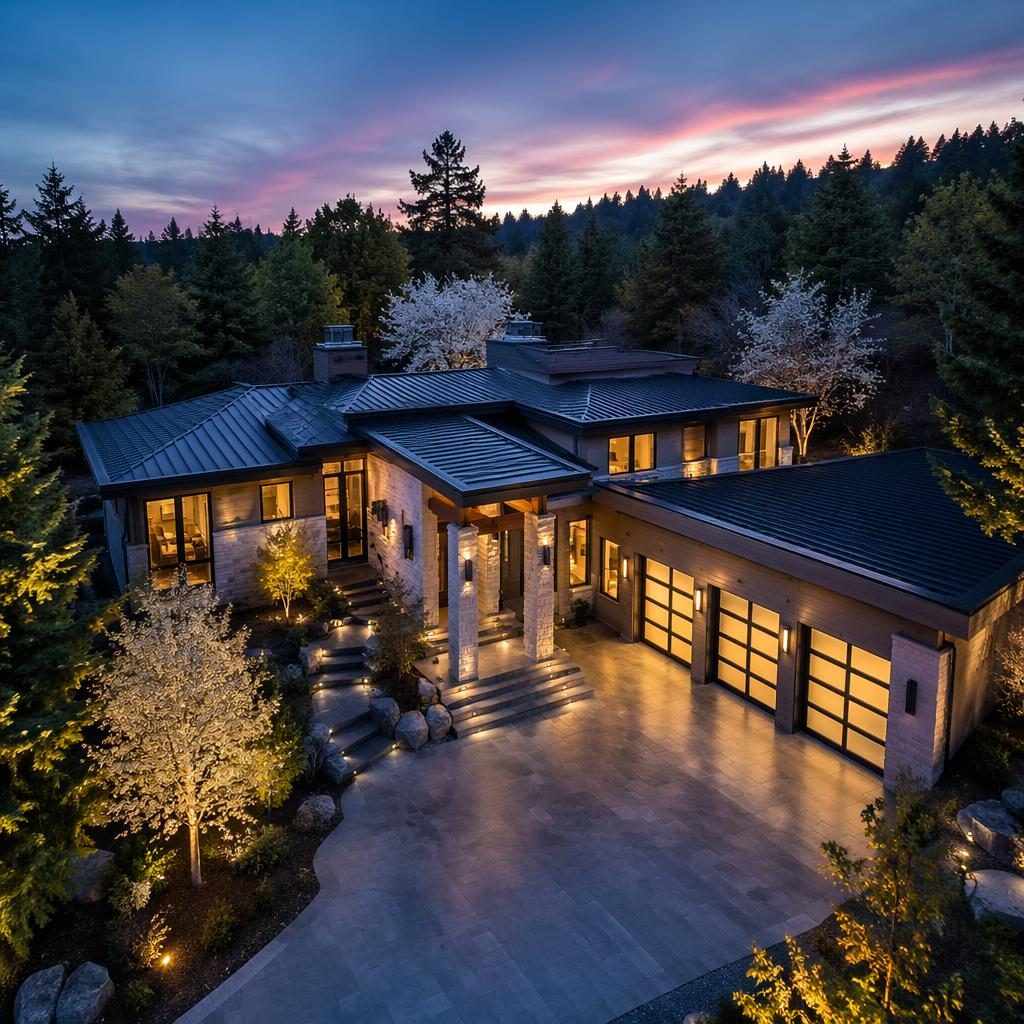 Aerial drone view of a modern single-family home on a sunny spring morning with blooming landscaping and a custom wine cellar rack.