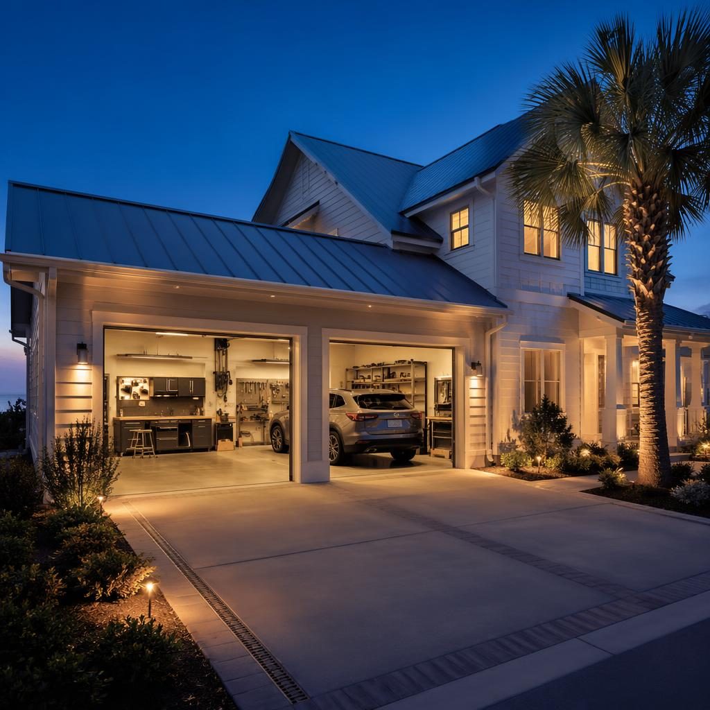 Wide-angle beach house bathroom at blue hour with sharp staging, clean lines, and magazine-style real estate framing.