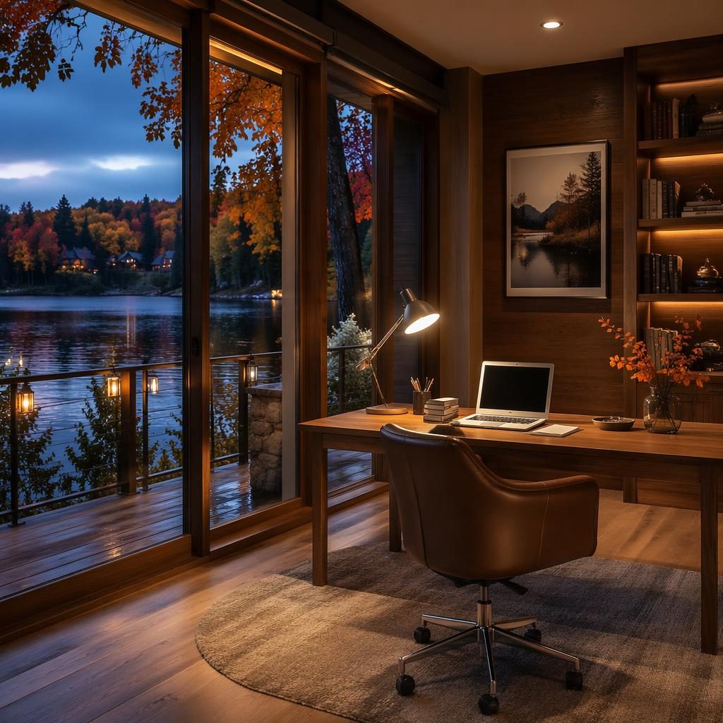Penthouse home office at blue hour with autumn lake views, styled decor, sharp wide-angle real estate framing