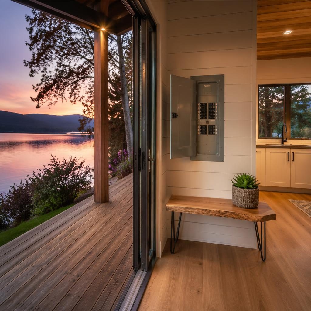 Entrada de tiny house al atardecer con interior iluminado, vista al recibidor y deck de madera junto al lago