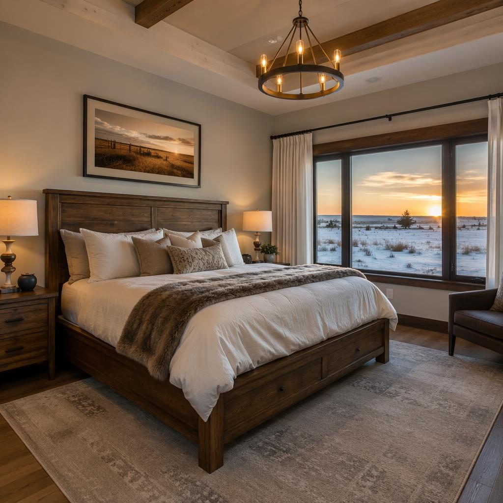 Staged master bedroom with king bed in a traditional family home, dusk interior light, winter snow visible outside.