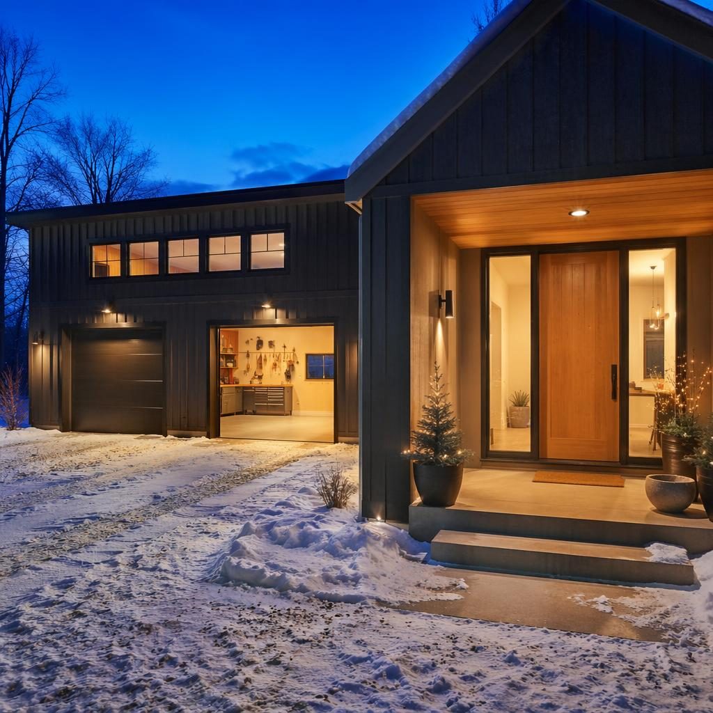 Tiny house foyer entrance at blue hour in winter snow, with staged interior view and attached two-car garage workshop
