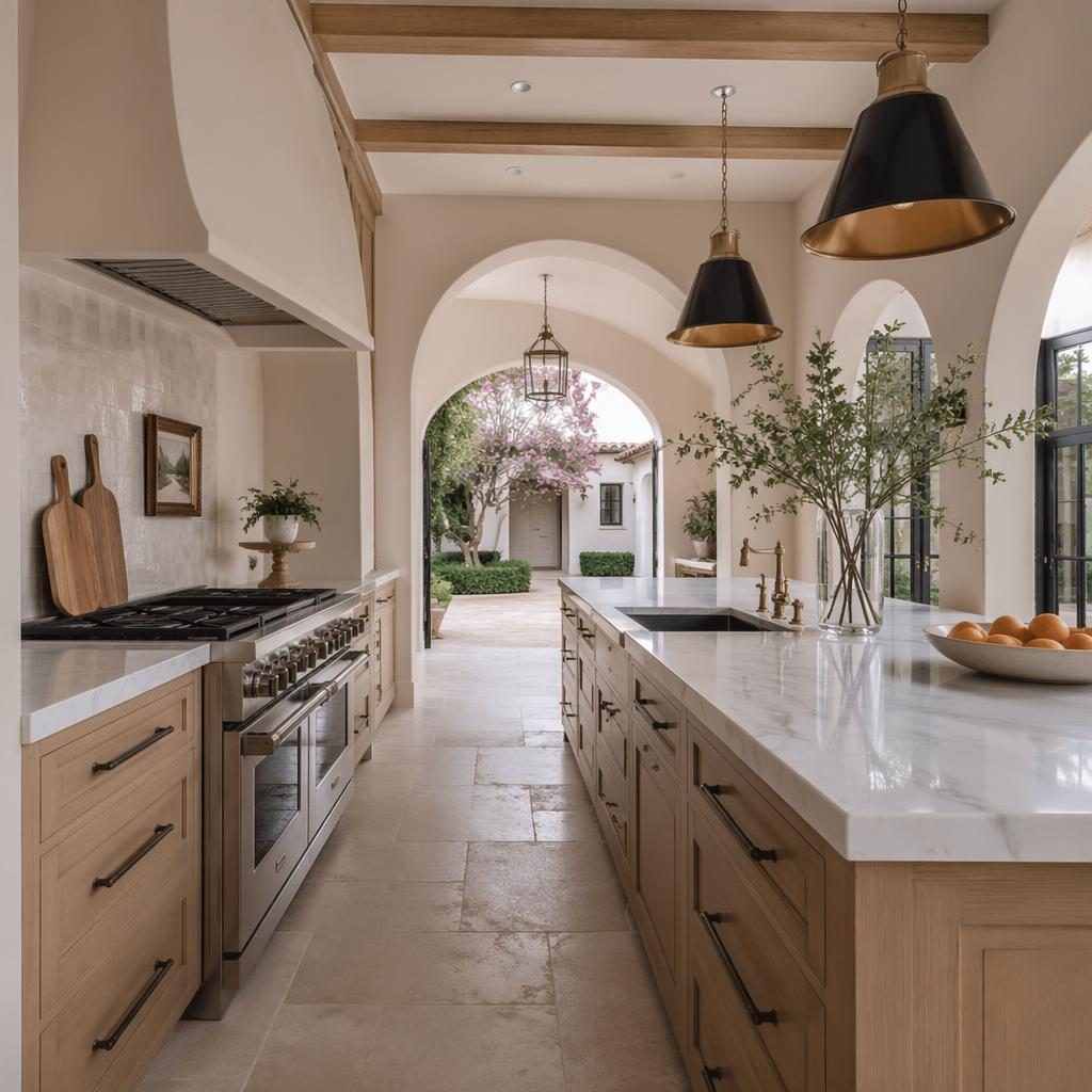 Wide-angle view of a luxury Mediterranean villa kitchen opening to a blooming courtyard under soft overcast spring light.