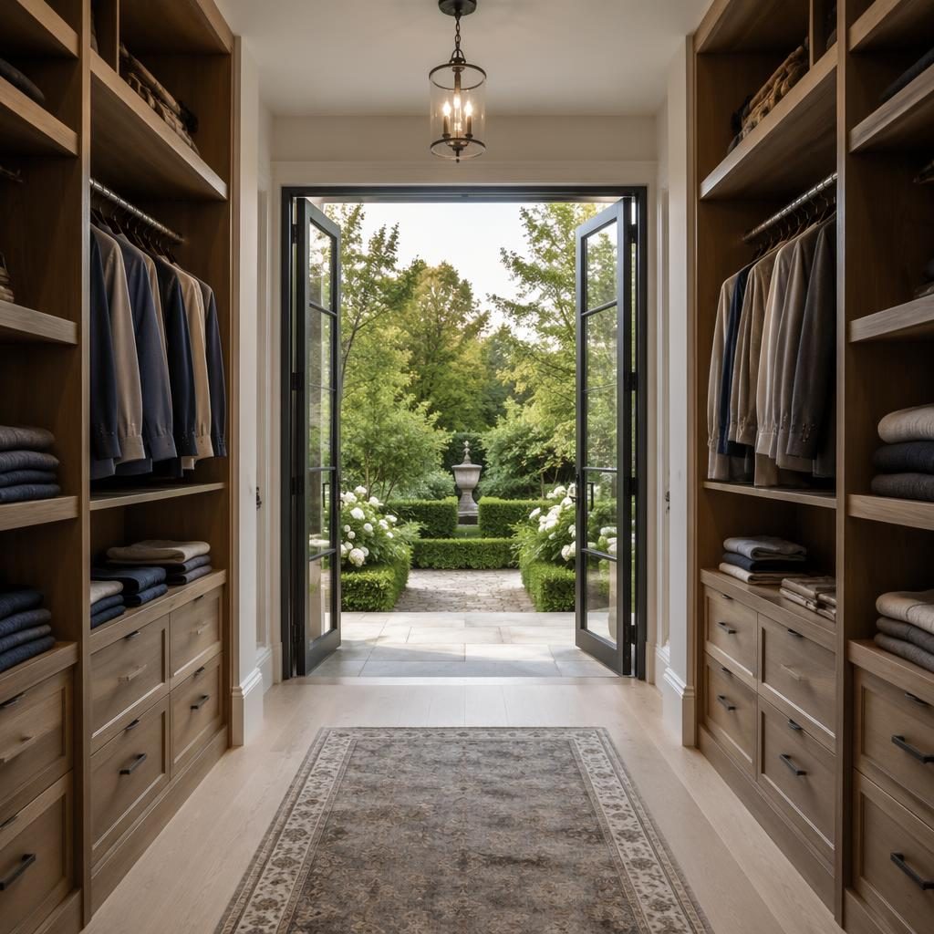 Organized walk-in closet in a restored historic home, opening toward a soft overcast late-summer garden view.