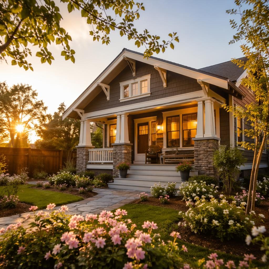 Historic restored craftsman bungalow interior opening to a blooming spring garden at golden hour, wide-angle real estate view.