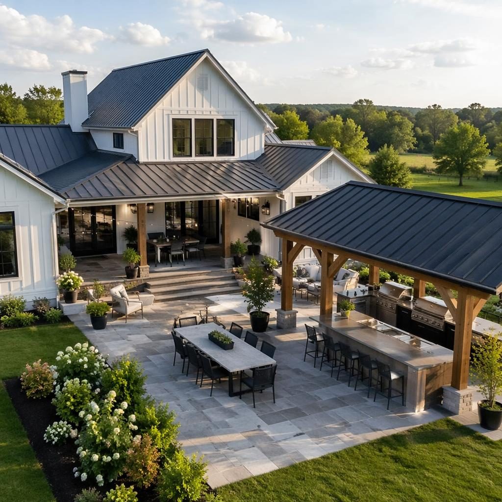 Aerial drone view of a modern single-family farmhouse with a backyard patio and outdoor kitchen in moody twilight.