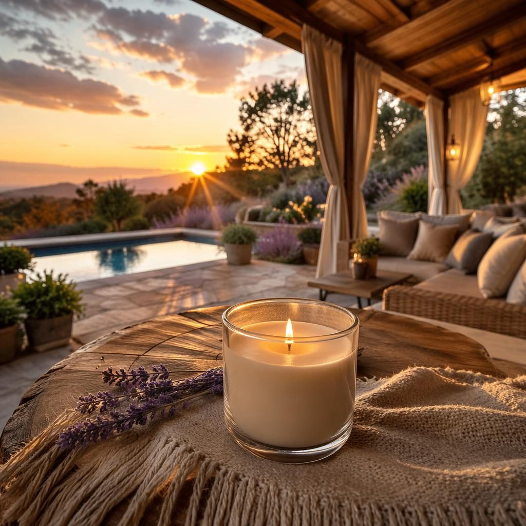 Rear view of a rustic ranch with garden and pool deck cabana at sunset, autumn colors, wide-angle HDR real estate photo.