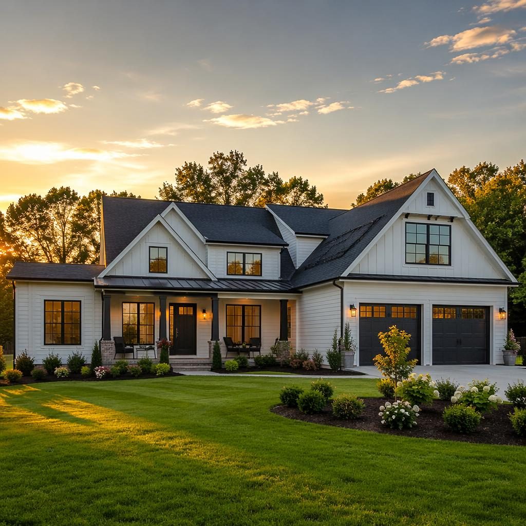 Exterior hero view of a modern single-family home at golden hour with wide-angle framing, clean landscaping, and sharp focus