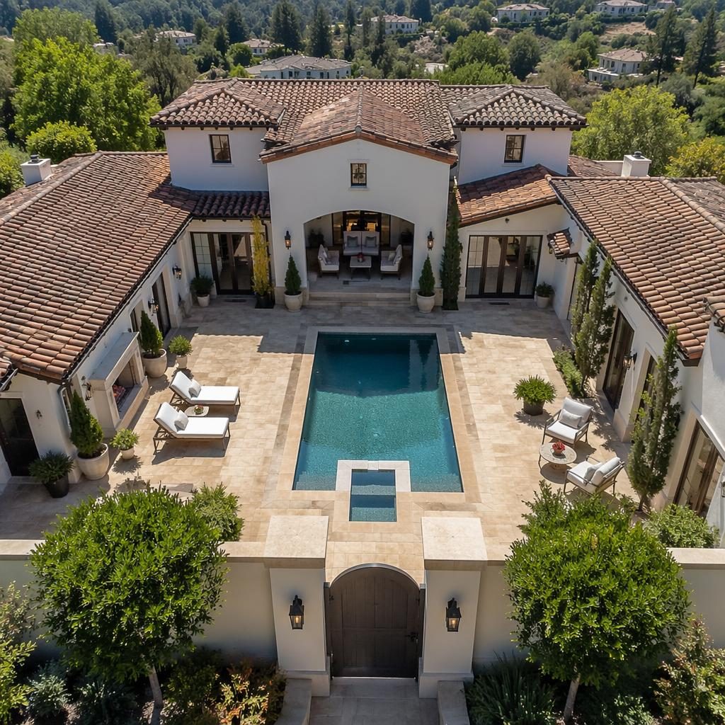 Aerial drone view of a modern Mediterranean villa courtyard in bright late-summer midday light, clean and staged.