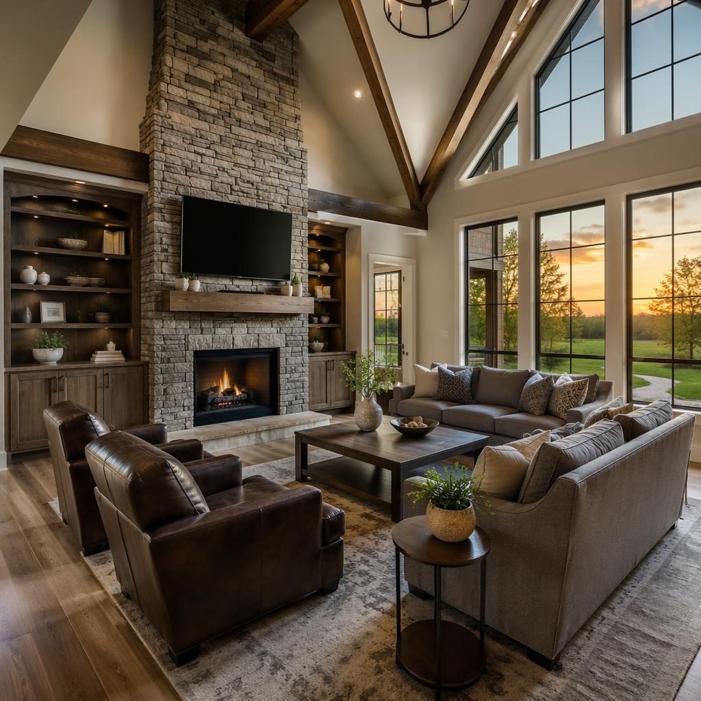 Wide-angle living room of a traditional family home with cathedral ceiling, staged decor, spring light, and golden hour HDR realism.