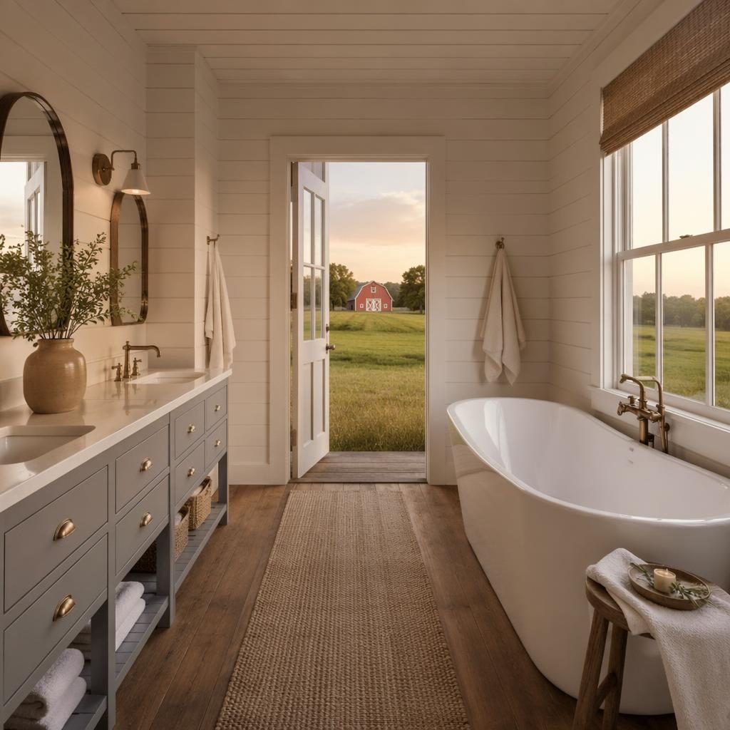 Baño de casa de playa con interior iluminado al atardecer, encuadre angular limpio y estilo inmobiliario editorial.