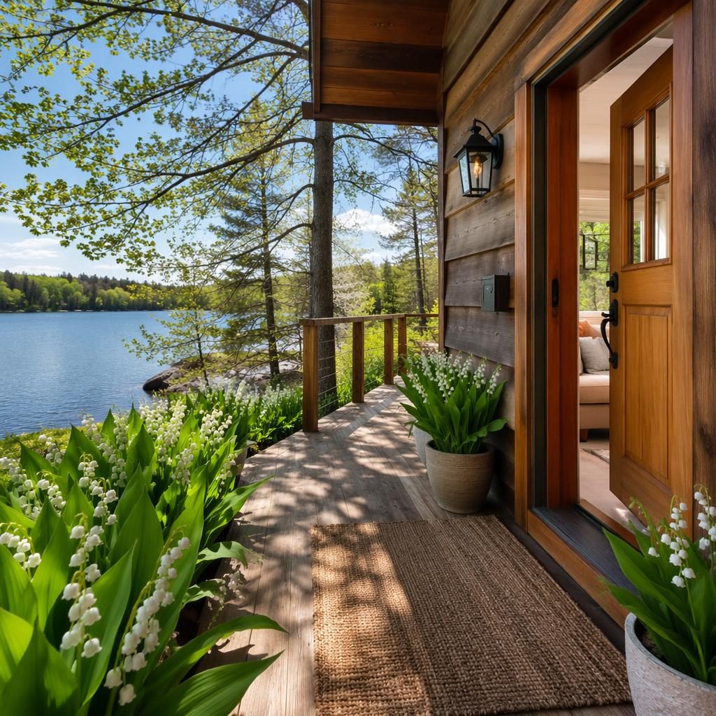 Bright tiny house foyer entrance opening to a wooden lakeside cabin deck with spring blooms and lily of the valley details