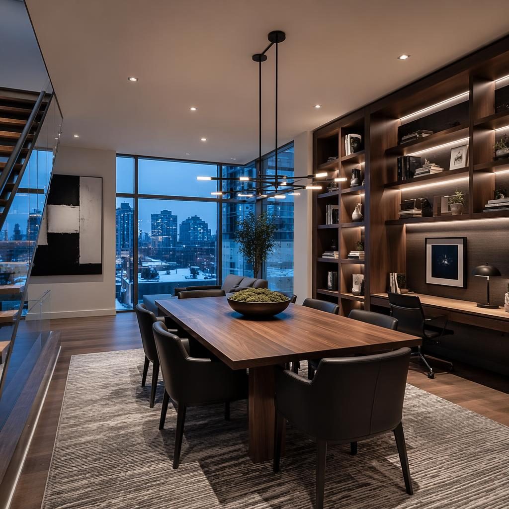 Comedor de apartamento urbano tipo dúplex con estanterías empotradas de oficina en casa, luz azul invernal y nieve