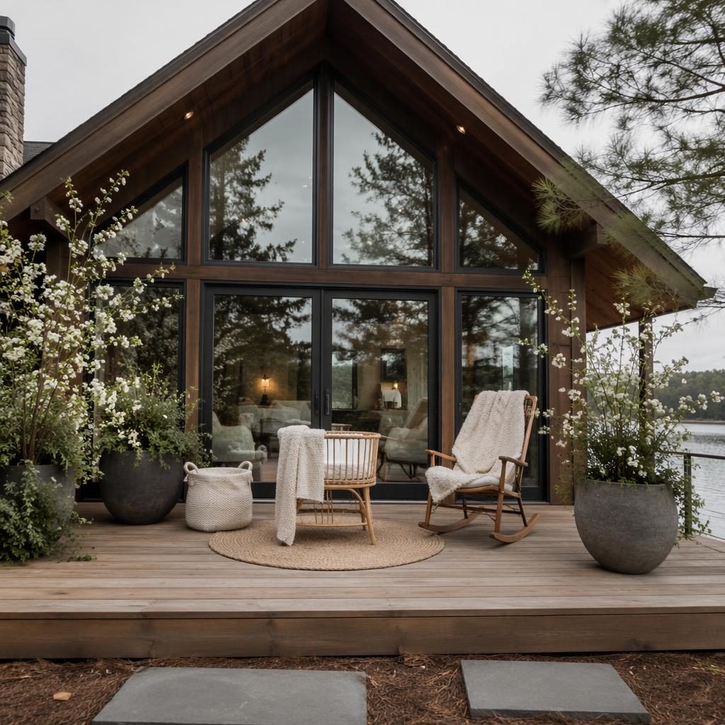 Front facade of a lakeside cabin with a wooden deck, spring blooms, soft overcast light, and clean wide-angle framing.