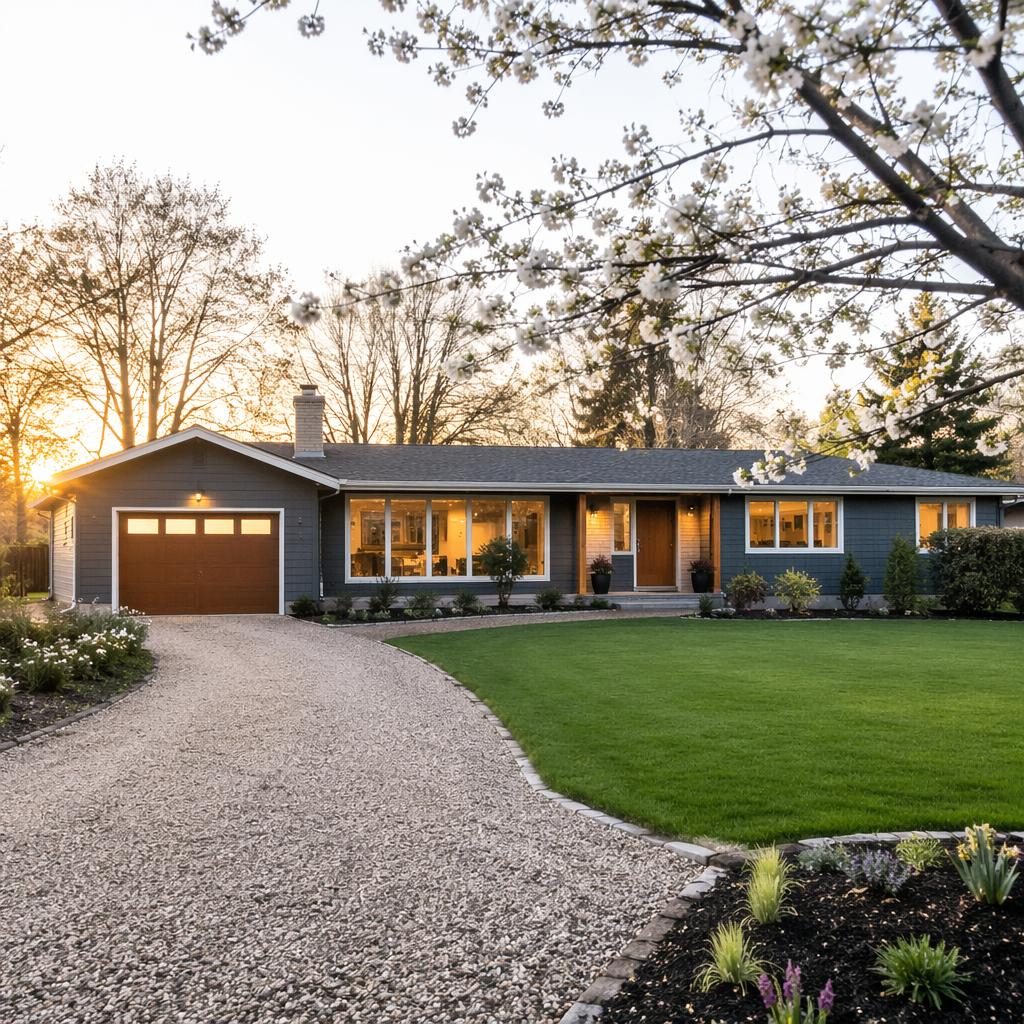 Wide-angle exterior view of a mid-century ranch townhouse at dusk with warm interior lighting, spring blooms, and clean staging.