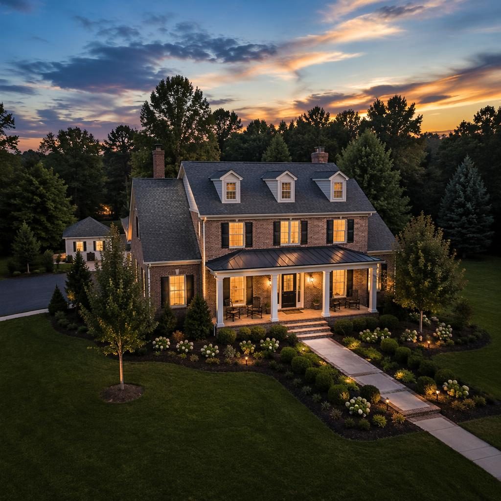 Aerial drone view of a modern colonial brick single-family home with front porch at blue hour twilight in late summer.