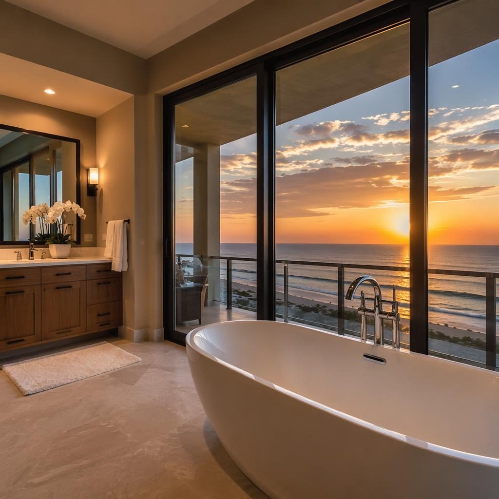 Wide-angle beach house bathroom with condo high-rise balcony view, sunny autumn morning light, sharp staged interior
