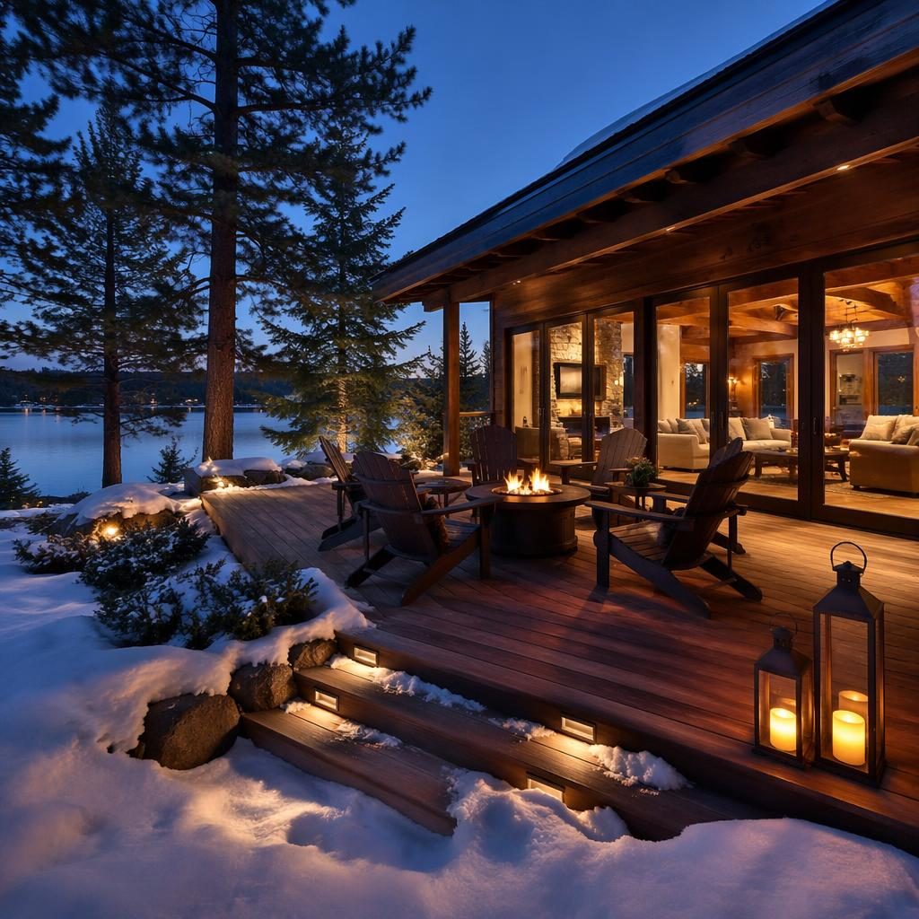 Rear view of a rustic ranch-style lakeside cabin with wooden deck, snowy garden, and blue hour twilight lighting.