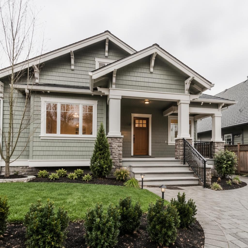 Exterior hero view of a staged craftsman bungalow townhouse at morning under soft overcast light, wide-angle and clutter-free.