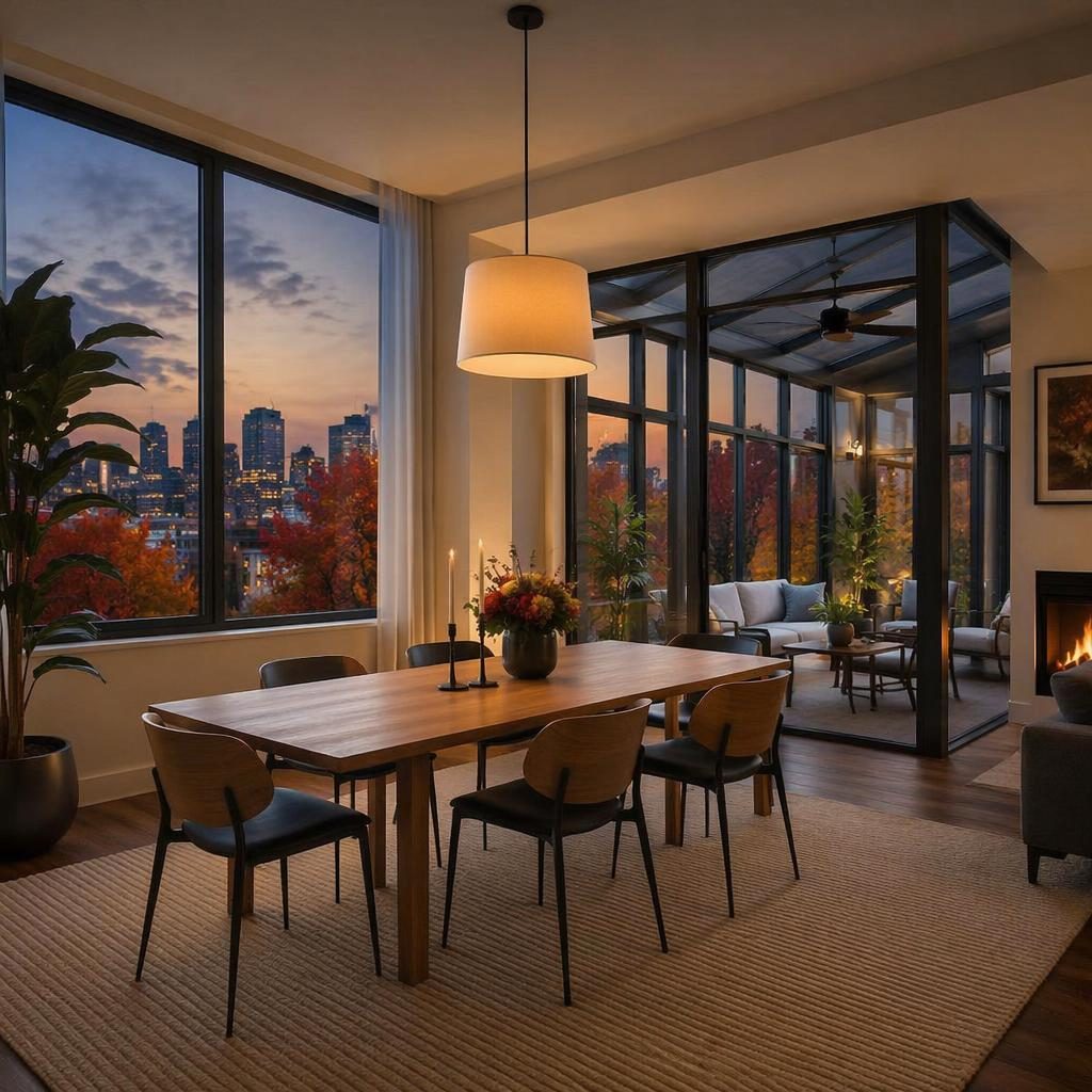 Wide-angle view of an urban apartment dining area with a four-season glass sunroom, dusk interior lighting, and autumn tones.