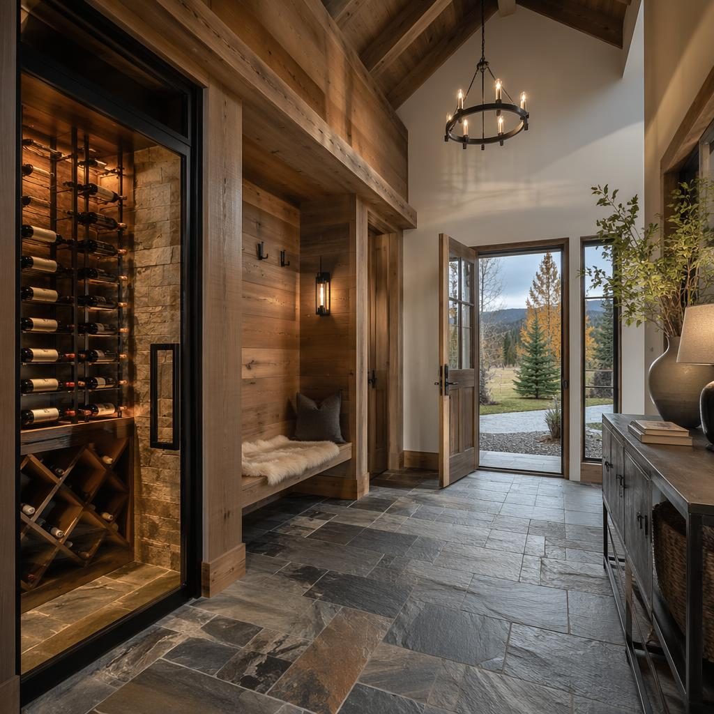 Tiny house foyer entrance with autumn tones, soft overcast light, wide-angle view, staged interior, and custom wine rack